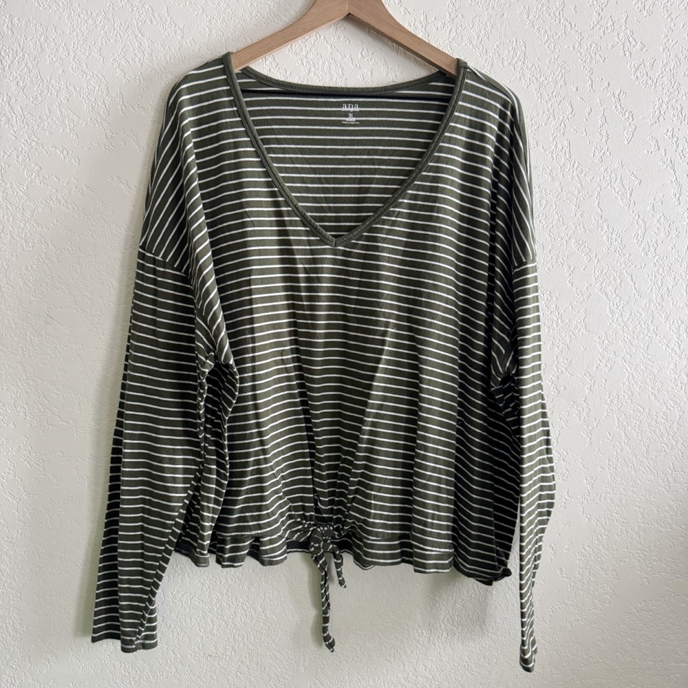 a.n.a Olive and White Striped Long Sleeve Top
